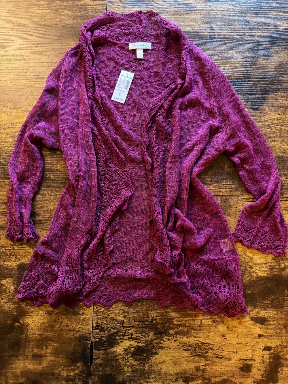 dressbarn Open-Front Crochet-Trim Cardigan - Plum